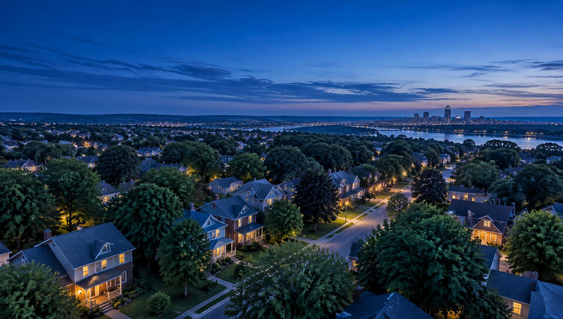 Aerial view of a quiet neighborhood at dusk under a deep blue sky
